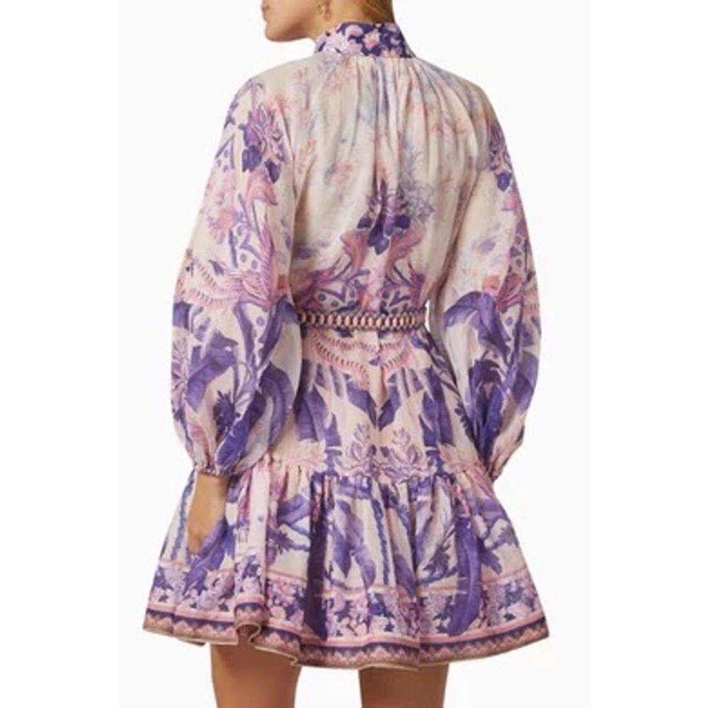 ZIMMERMANN Purple Palm Lyre Billow Mini Dress Size 0 / US Small - Picture 6 of 16
